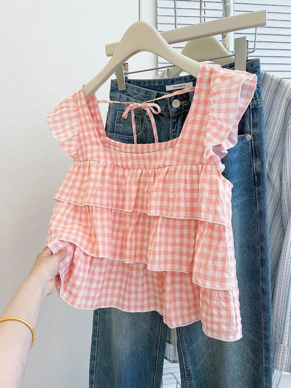 light Pink Casual Women's Cute Ruffle Hem Blouse